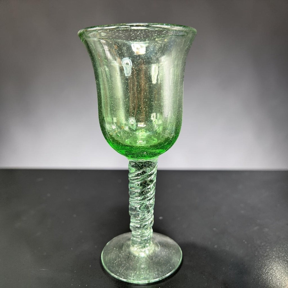 1980s Hand Blown Green Seeded Glass Wine Goblet Cup Twisted Spiral Stem Heavy